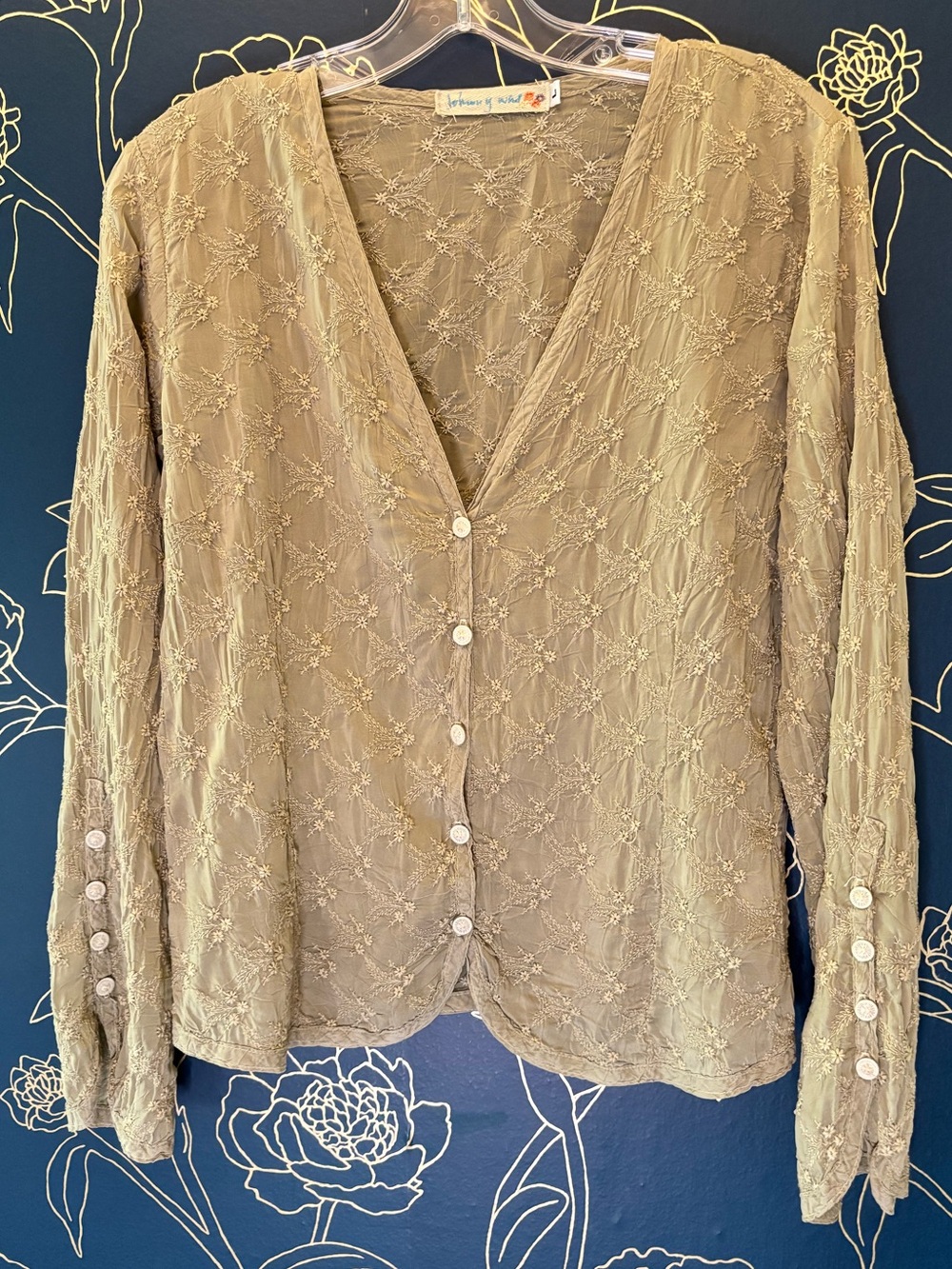 JOHNNY WAS vintage rayon BUTTON FRONT embroidered LONG SLEEVE top LARGE olive